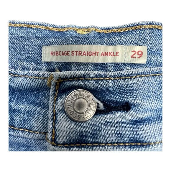 Levi Ribcage Straight Ankle Jeans Sz 29 Raw Hem High Rise Distressed - Picture 7 of 9